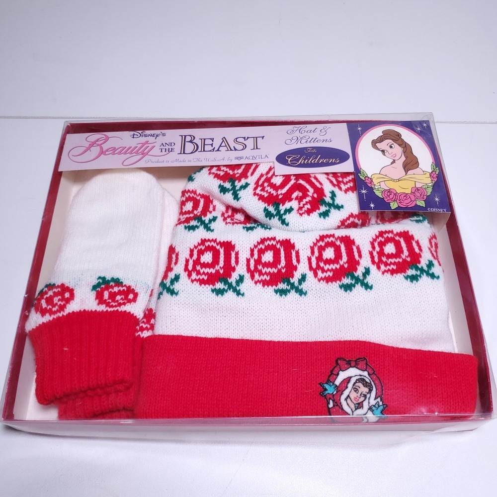 New Vintage Disney Beauty And The Beast Winter Hat Mittens Belle Roses Aqvila